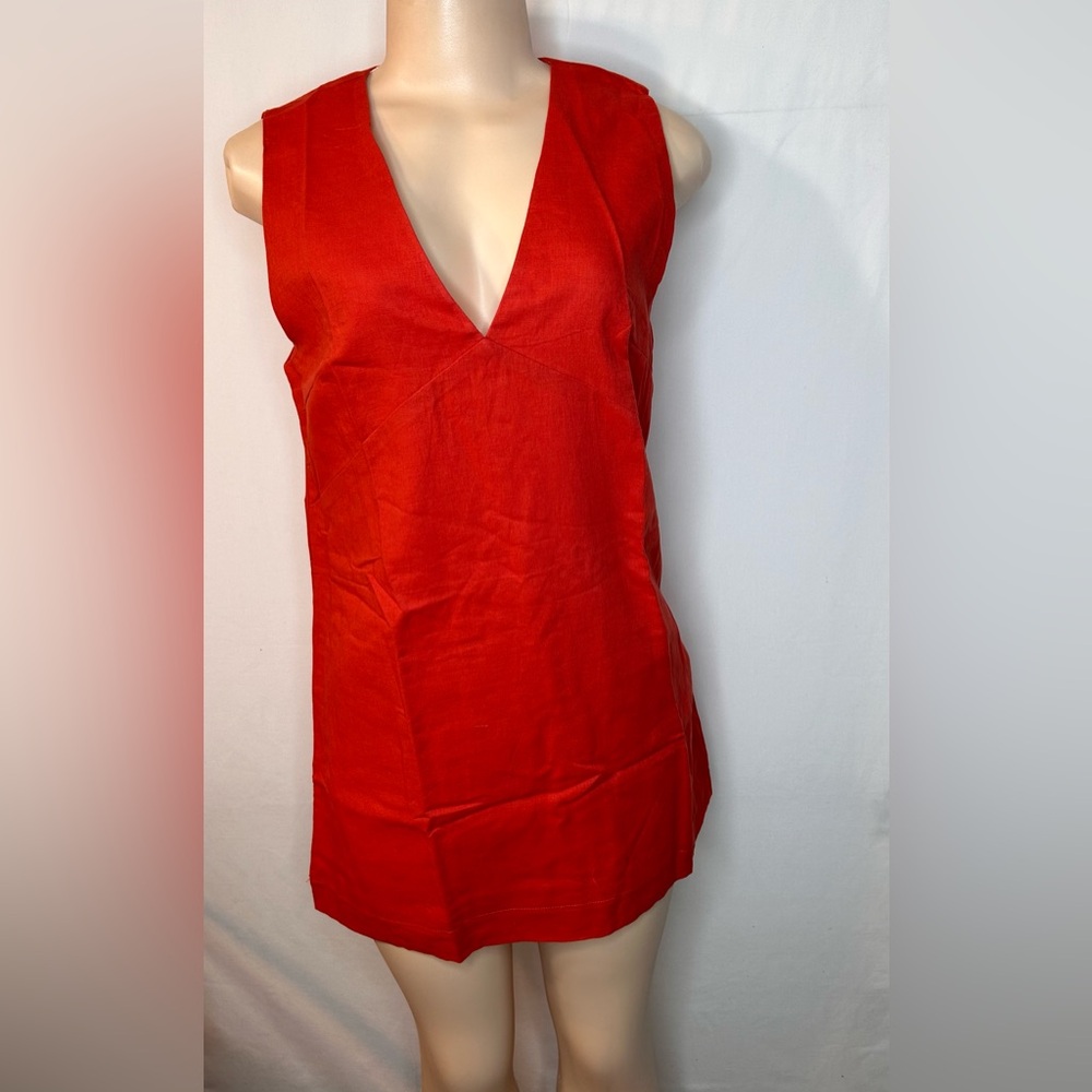 Commense Red Plunge Neck Sheath Dress Cotton & Linen V-Neck Short Dress Size S